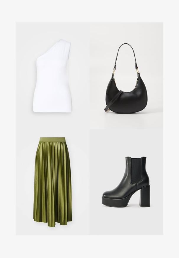Asymmetrisk hvid tanktop med design til den ene skulder, lavet af glat stof, der har en tætsiddende silhuet og rene kanter.; Plisseret midi-nederdel i olivengrønt satin, med en bred elastisk talje og en let silhuet med lodrette plisseringer.; Sort læder ankelstøvle med en kraftig blokhæl, elastiske sideskår og en glat overflade. Har en platformssål for ekstra højde.; Sort læder håndtaske med en buet form, udstyret med en top-lynlås, et kort håndtag og en aftagelig crossbody-strop. Gyldne hardware-accenter.