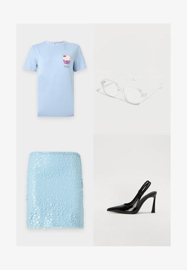 T-shirt bleu clair à manches courtes avec un motif de cupcake rose et le texte "Sweet but twisted" sur le côté gauche de la poitrine.; Mini-jupe bleu clair ornée de petits sequins floraux répartis sur toute la surface, créant un motif texturé scintillant.; Escarpin en cuir verni noir à talon aiguille, à bout pointu, avec une sangle élastique double pour un maintien sécurisé. Surface lisse et brillante.; Lunettes rectangulaires transparentes avec montures et branches claires, placées sur une surface blanche avec des ombres douces.