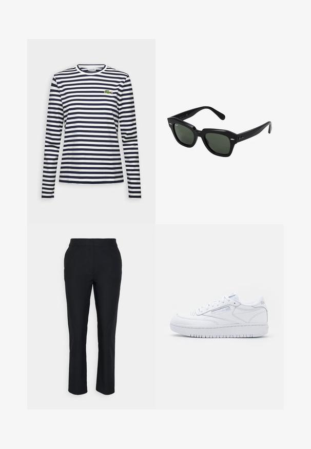 Camiseta de manga larga con rayas horizontales en azul marino y blanco, cuello redondo y logo de cocodrilo verde bordado en el pecho.; Pantalones negros ajustados con pierna recta, hechos de una tela suave. Presentan una cinturilla sin cierres visibles ni bolsillos.; Zapatillas bajas de cuero blanco con puntera perforada, diseño de cordones, collar acolchado y suela de goma gruesa. Logo discreto en los laterales.; Gafas de sol cuadradas negras con lentes verde oscuro, con montura audaz y acentos plateados en los laterales. Fabricadas en Italia.