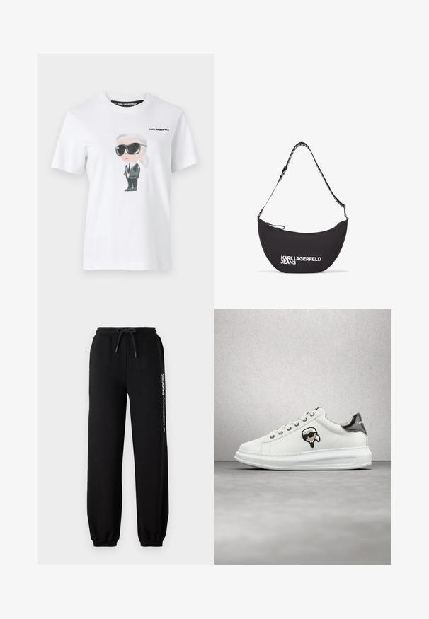Hvid bomulds t-shirt med en grafisk illustration af en karakter i sorte solbriller og jakkesæt. Mærket siger "KARL LAGERFELD."; Sorte sweatpants med elastisk talje, justerbar snor og tætsiddende manchetter. Har et hvidt logo trykt på venstre side.; Hvide Karl Lagerfeld sneakers med snørebånd foran, sort og beige logo lap, og metallisk sølv hælflap, svævende over et gråt gulv.; Sort stof skuldertas med en halvmåneform, der har et hvidt logo "KARL LAGERFELD JEANS" og en justerbar rem. Lynlåslukning.