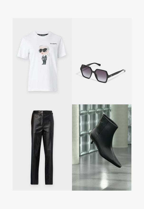 Hvid bomulds t-shirt med en grafisk illustration af en karakter i sorte solbriller og jakkesæt. Mærket siger "KARL LAGERFELD."; Sorte faux læderbukser med krokodillemønster, slim fit, lige ben design, med frontknaplukning og standard taljebånd.; Sort læderankelstøvle med spids tå og lav kitten-hæ, vist vinklet mod en poleret gulv- og glasblokvæg.; Sorte sekskantede solbriller med gradientlinser, med en glat overflade og diskret branding på stængerne. Holdbar plastkonstruktion.