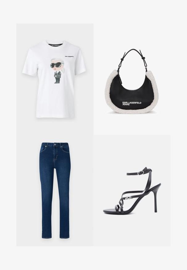 Hvid bomulds t-shirt med en grafisk illustration af en karakter i sorte solbriller og jakkesæt. Mærket siger "KARL LAGERFELD."; Mørkeblå denim jeans med slim fit. Funktioner inkluderer en knappet talje, fem lommer og minimale syninger.; Sort højhælet sandal med tynde stropper, ankelspænde og en metal-logo detalje på siden af stroppen, sat mod en hvid baggrund.; Sort håndtaske med blød, hvid imiteret pelskant, med en rund form og en lynlås lukning. "KARL LAGERFELD JEANS" logoet er tydeligt vist.