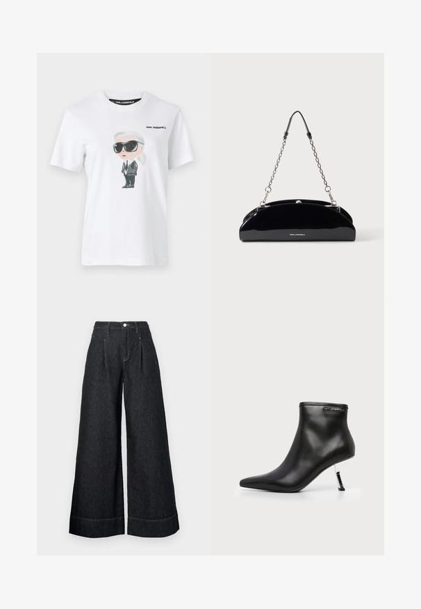 Witte katoenen t-shirt met een grafische illustratie van een personage in zwarte zonnebril en een pak. Het label zegt "KARL LAGERFELD."; Zwarte denim broek met rechte pijpen en hoge taille, met voorplooien, een knoopsluiting en contrasterende stiksels aan de zoom.; Zwarte leren enkellaars met een spitse neus en een glanzende zilveren naaldhak op een witte achtergrond.; Zwarte glanzende handtas met een zilveren kettingband en klein KARL LAGERFELD-logo aan de voorkant, tegen een effen lichte achtergrond.