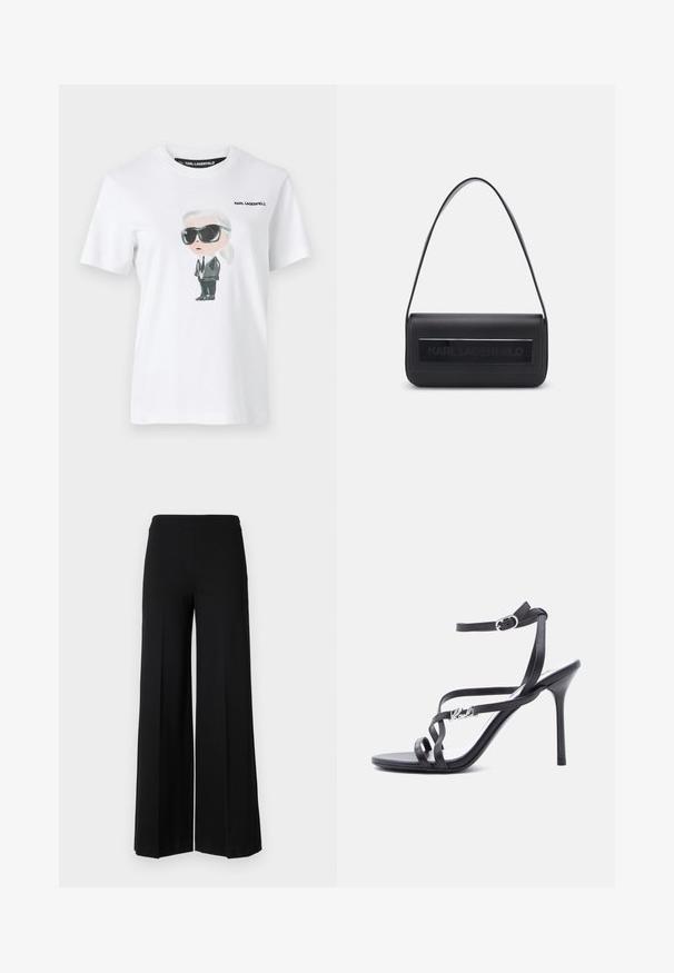Camiseta blanca de algodón con una ilustración gráfica de un personaje con gafas de sol negras y un traje. La etiqueta dice "KARL LAGERFELD."; Pantalones de pierna ancha negros con una textura suave, que presentan una cinturilla alta y sin cierres visibles. Diseño simple y limpio.; Sandalia negra de tacón alto con tiras finas, hebilla en el tobillo y detalle de logo metálico en la tira lateral, sobre un fondo blanco.; Bolso de piel negra con una única correa para el hombro, de forma rectangular, que presenta un panel texturizado con el logo en relieve "KARL LAGERFELD" en la parte frontal.