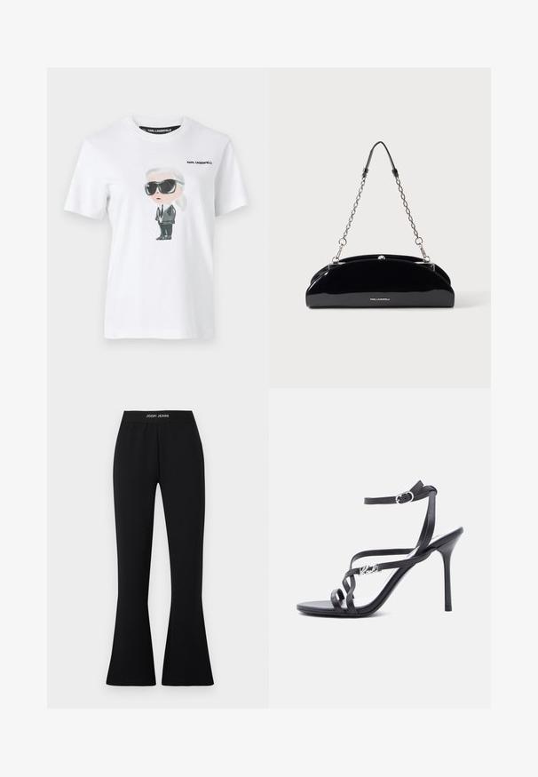 Weißes Baumwoll-T-Shirt mit einer grafischen Illustration einer Figur in schwarzen Sonnenbrillen und einem Anzug. Das Etikett trägt die Aufschrift "KARL LAGERFELD."; Schwarze Schlaghose aus Stretchstoff mit elastischem Bund und "JOOP! JEANS"-Logo. Glatte Textur mit figurbetonter Silhouette.; Schwarze Sandalette mit hohem Absatz, dünnen Riemen, einem Schnallenverschluss am Knöchel und einem Metall-Logodetail am seitlichen Riemen, vor weißem Hintergrund.; Schwarze glänzende Handtasche mit silberner Kette und kleinem KARL LAGERFELD Logo vorne, vor einem einfarbigen hellen Hintergrund.