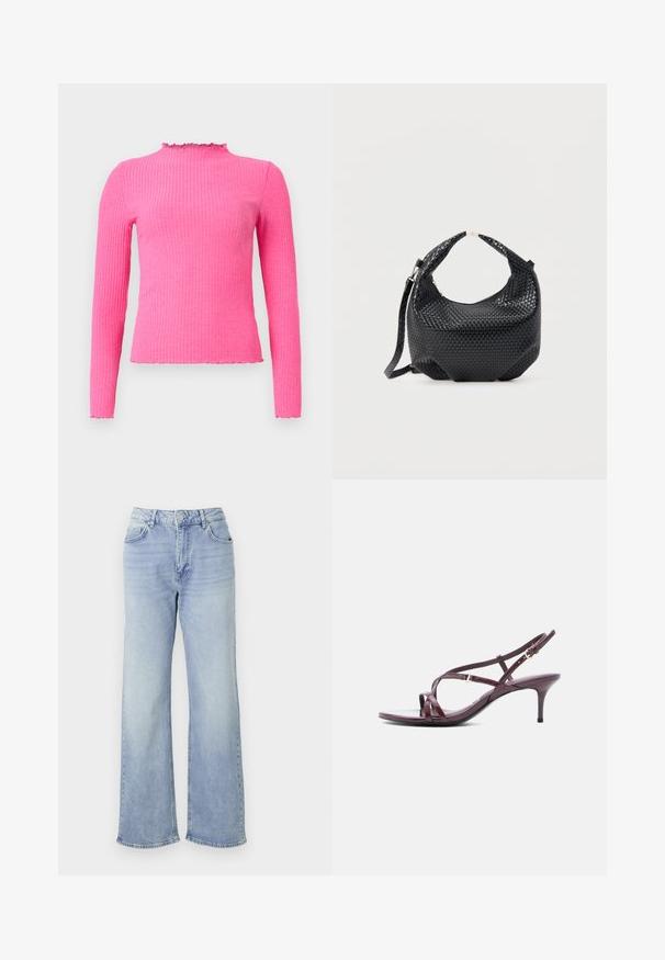 Lyserød langærmet top med ribbet tekstur. Har en høj, flæset hals og en rå kant. Stoffet ser strækbart og tætsiddende ud.; Lyseblå vide jeans lavet af denim, med høj talje, fem lommer og en kant med subtilt slid.; Sandaler med stropper og hæl i dyb burgunder laklæder, med en slank hæl, åben tå og krydsede design med justerbar spænde.; Sort flettet læderhåndtaske med kort håndtag og aftagelig skulderrem, vist mod en ensfarvet lys baggrund.