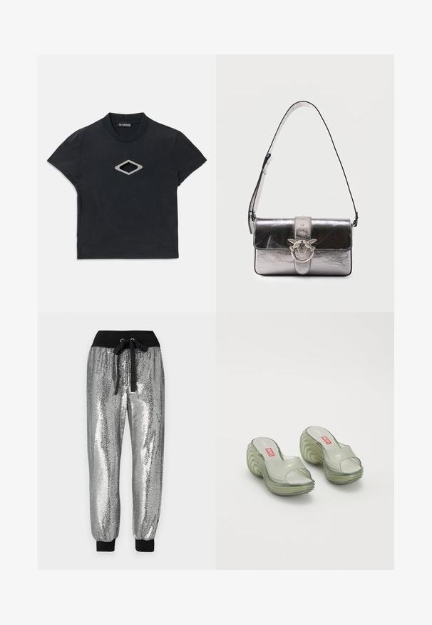 T-shirt noir à manches courtes, à coupe courte, avec un col rond et un design en forme de diamant argenté découpé au centre à l'avant.; Pantalons jogger en sequins argentés avec une taille élastique noire, un cordon de serrage et des poignets noirs aux chevilles pour un ajustement fuselé.; Melissa MELISSA QUANTUM PLATFORM X DIESEL AD - Sandales de bain - clear; Sac à épaule argenté métallisé avec bandoulière réglable, fermeture à rabat et fermoir décoratif en argent représentant deux oiseaux se faisant face.