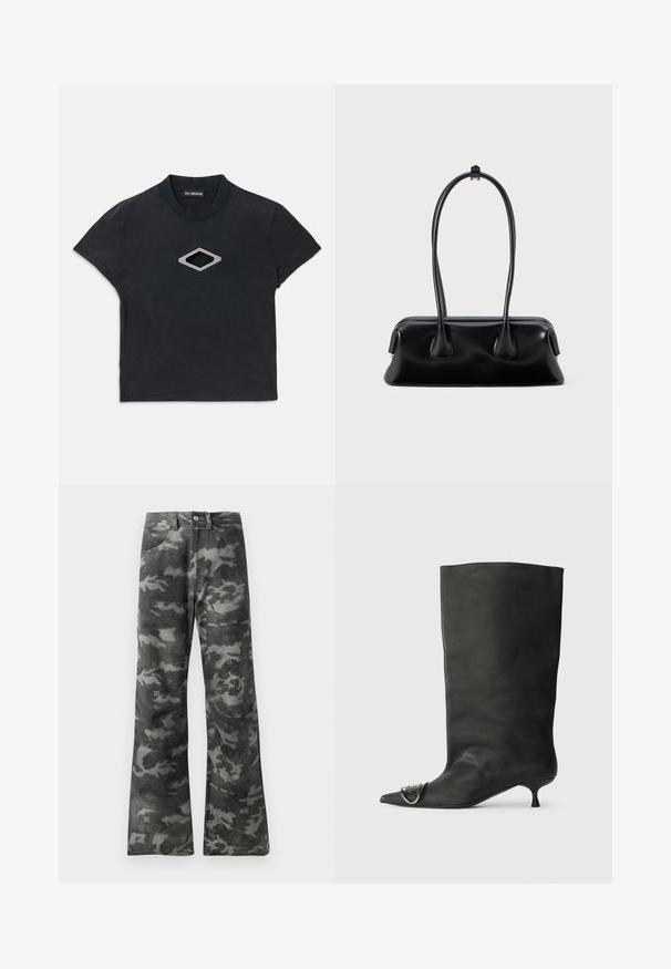 T-shirt noir à manches courtes, à coupe courte, avec un col rond et un design en forme de diamant argenté découpé au centre à l'avant.; Jean droit en denim noir et gris foncé à motif camouflage, avec fermeture à bouton et zip et poches avant.; Bottines en cuir noir à bout pointu, petite talon et détail métallique sur le bout. Texture lisse et mate partout.; Sac à main en cuir noir avec deux poignées allongées, une texture lisse et une base arrondie, ornée d'accents décoratifs sur les côtés.