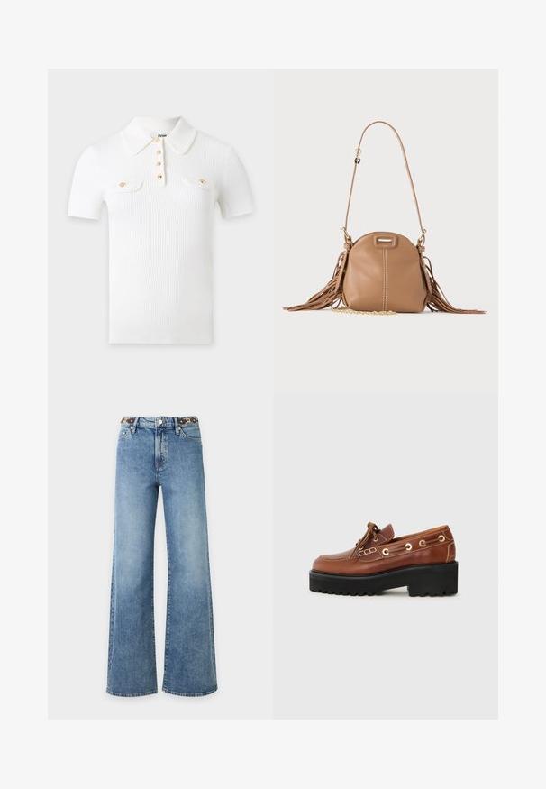 Polo blanc en tissu côtelé à manches courtes, avec un col pointu, quatre boutons dorés sur le devant et deux poches poitrine avec rabats à boutons dorés.; Jean denim bleu taille haute à jambes larges avec fermeture par bouton et zip, poches avant et passants de ceinture marron.; Chaussure en cuir brun avec un bout arrondi, des coutures décoratives, des éléments en métal et une semelle noire épaisse avec une texture anti-dérapante.; Petit sac à bandoulière en cuir fauve avec longue bandoulière, détail chaîne dorée et franges des deux côtés sur un fond neutre.