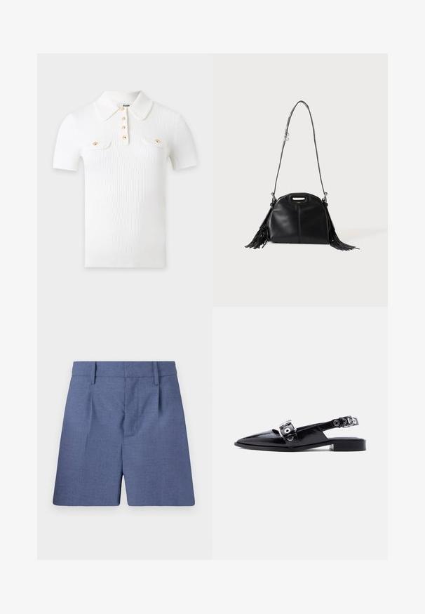 Polo blanc en tissu côtelé à manches courtes, avec un col pointu, quatre boutons dorés sur le devant et deux poches poitrine avec rabats à boutons dorés.; Shorts bleu sur mesure avec passants de ceinture, plis à l'avant et fermeture frontale cachée, présentés sur fond blanc.; Ballerine pointue en cuir verni noir avec double boucle argentée et talon slingback sur fond blanc.; Sac à main en cuir noir avec longue bandoulière, petite poignée supérieure et franges sur les deux côtés, présenté sur un fond uni.
