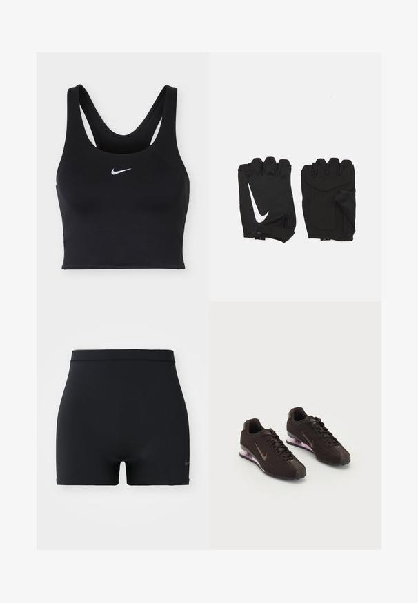 Čierna športová podprsenka Nike so širokými ramienkami a bielym logom Nike Swoosh uprostred vpredu.; Čierne športové šortky vyrobené z hladkého, elastického materiálu, s pásom strednej výšky a malým logom Nike na ľavej strane.; Čierne športové topánky s textúrovaným zvrškom, hnedými akcentmi a fialovou vzduchovo tlmenou podrážkou. Šnurovací dizajn s výrazným brandingom.; Čierne bezprstové fitness rukavice vyrobené z priedušnej tkaniny, s bielym logom Nike, polstrovanými dlaniami a otvoreným dizajnom zápästia pre flexibilitu.