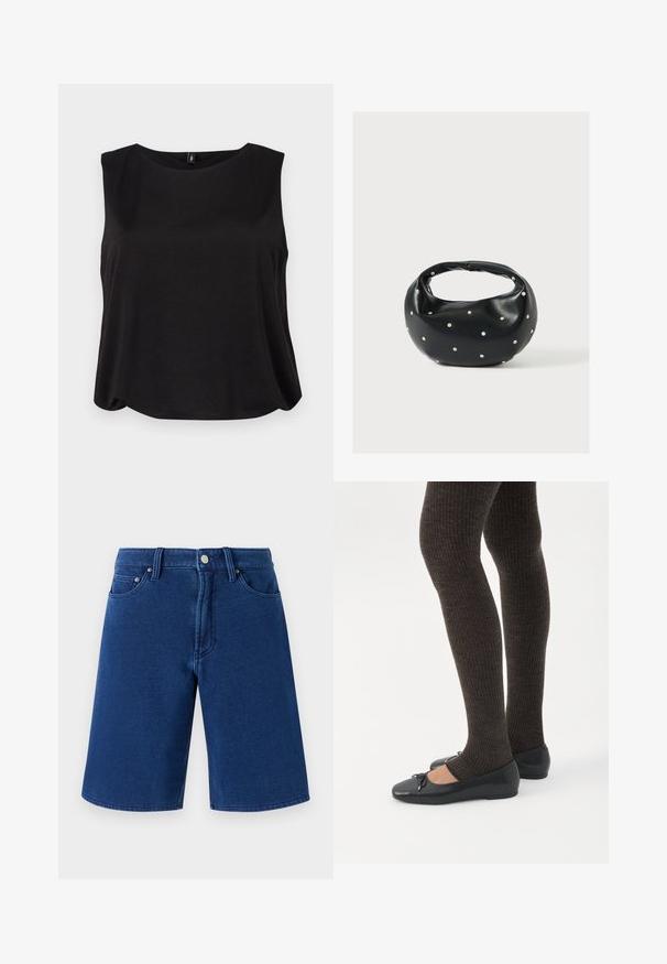 Top noir sans manches avec un col rond et une coupe ample, fabriqué en tissu doux avec une texture lisse. Design simple et épuré sans motifs.; Shorts en denim bleu avec une coupe droite, design à cinq poches, et une taille visible avec un bouton en métal et des passants de ceinture.; Jambes portant des leggings côtelés foncés associés à des ballerines noires avec de petits détails en nœud sur fond blanc.; Sac à main en cuir noir de forme arrondie, décoré de clous argentés et équipé d'une poignée courte. Texture lisse et fermeture éclair.
