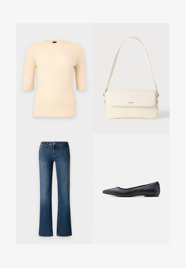 Geripptes Kurzarmtop in Hellbeige. Hergestellt aus weichem Material mit figurbetonter Passform. Einfacher Rundhalsausschnitt und glatte Textur.; Dunkelblaue Denim-Jeans mit einem ausgestellten Bein-Design, das subtile Auswaschungen und abgenutzte Details in der Nähe der Oberschenkel- und Kniebereiche aufweist.; Schwarzer flacher Lederschuh mit spitzer Kappe und niedrigem Absatz, seitlich vor weißem Hintergrund gezeigt.; Schultertasche aus cremefarbenem Leder mit Klappverschluss, silbernen Beschlägen, einem verstellbaren Riemen und einem dezenten Logodetail.