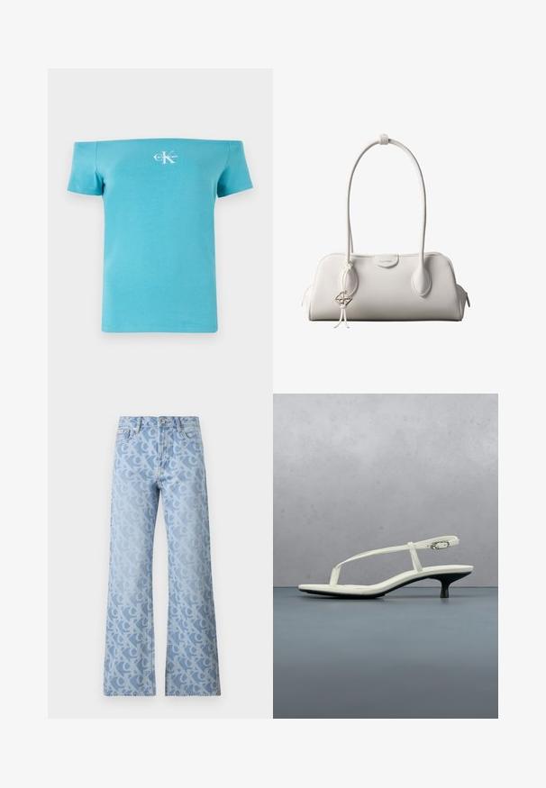 Türkises, schulterfreies T-Shirt aus weicher Baumwolle, mit kurzen Ärmeln und einem weißen Logo-Graphic auf der Vorderseite.; Hellblaue Jeans aus Denim mit weitem Bein, ausgestattet mit einem Allover-Muster von ineinander verschlungenen Buchstaben in einem leicht dunkleren Farbton. Klassisches Fünf-Taschen-Design.; Weiße Riemchenpantolette mit kitten heel und spitz zulaufender Zehenpartie, schwebt über einem Holzkachelboden im Freien mit verschwommenem Pflanzen- und Wandhintergrund.; Weiße Calvin Klein Schultertasche mit langen Griffen, rechteckiger Form, Reißverschluss und dekorativem Logo-Anhänger, der in der Nähe des Griffs hängt.