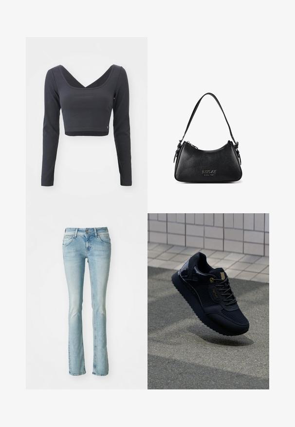 Haut cropped à manches longues en tissu côtelé gris foncé. Présente un décolleté en V profond et une couleur unie avec un petit logo à l'ourlet.; Jean en denim bleu clair, design bootcut, style à cinq poches, détails décolorés, fermeture éclair et bouton, accents de couture subtils, taille moyenne.; Baskets noires avec une tige en mesh, des accents brillants, des éléments en or, une semelle texturée et un col rembourré pour le confort.; Sac à main en cuir noir Replay avec une bandoulière unique, fermeture éclair argentée et logo Replay avec "Since 1981" embossé sur le devant.