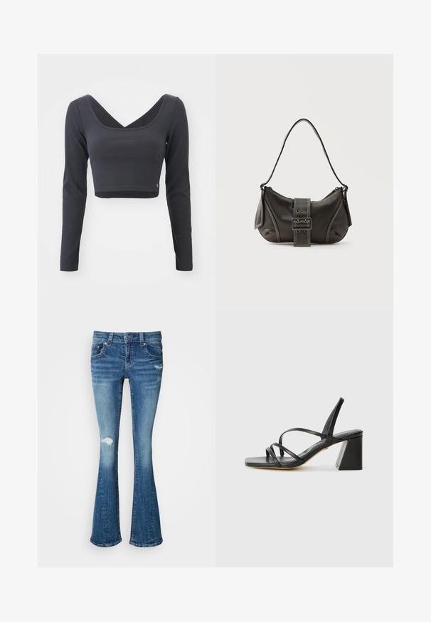 Haut cropped à manches longues en tissu côtelé gris foncé. Présente un décolleté en V profond et une couleur unie avec un petit logo à l'ourlet.; Jeans en denim bleu évasés avec une taille mi-haute, des détails déchirés aux genoux et une finition lisse et texturée sur l'ensemble.; Sandales noires à talons avec un bout carré, présentant plusieurs fines bretelles et un talon bloc géométrique. Texture en cuir lisse et design minimaliste.; Sac à épaule en cuir noir avec une sangle à boucle, des bords arrondis et des coutures blanches contrastées sur un fond uni.