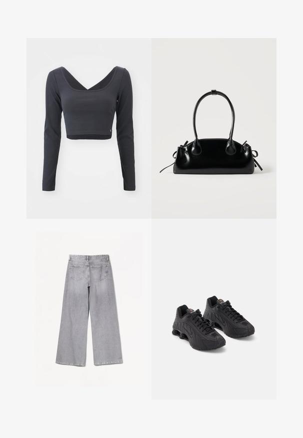 Langærmet, cropped top i mørkegrå ribbet stof. Har en dyb V-halsudskæring og ensfarvet med et lille logo ved sømmen.; Grå brede jeans med høj talje, der har en glat tekstur, to baglommer og subtile syninger.; Sorte atletiske sko med en glat syntetisk overdel, teksturerede detaljer, snørebåndsdesign og synlig fjederaffjedring ved hælen.; Lille sort blank håndtaske med to lange håndtag og snøre-detaljer i siden på en ensfarvet lys baggrund.