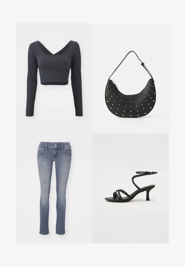 Langermige, cropped top van donkergrijze ribstof. Kenmerkt zich door een diepe V-halslijn en een effen kleur met een klein logo aan de zoom.; Skinny jeans in lichtblauwe denim, met een klassiek vijf-pocket ontwerp, een sluiting met twee knopen en subtiele vervaging aan de voorkant.; Even&Odd Wide Fit by Zalando Sandalen - black; Zwarte leren handtas met een gebogen vorm, versierd met zilveren studs, voorzien van een ritssluiting en een enkele verstelbare schouderband.