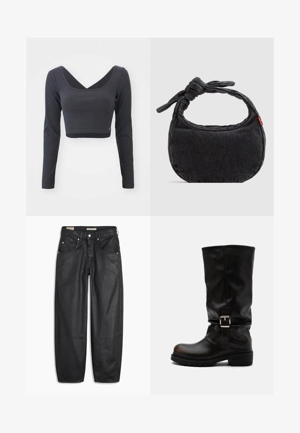 Langermige, cropped top van donkergrijze ribstof. Kenmerkt zich door een diepe V-halslijn en een effen kleur met een klein logo aan de zoom.; Zwarte denim jeans met een wijd been ontwerp, voorzien van voorzakken, een knoopsluiting en een soepele textuur. De stof lijkt stevig te zijn.; Hoge zwarte leren laars met afgeronde neus, lage hak, zijgesp en licht ingezakte schacht op een witte achtergrond.; Kleine zwarte denim schoudertas met een gestrikte riem en ritssluiting, met een rood Levi's stoffen label aan de zijkant.