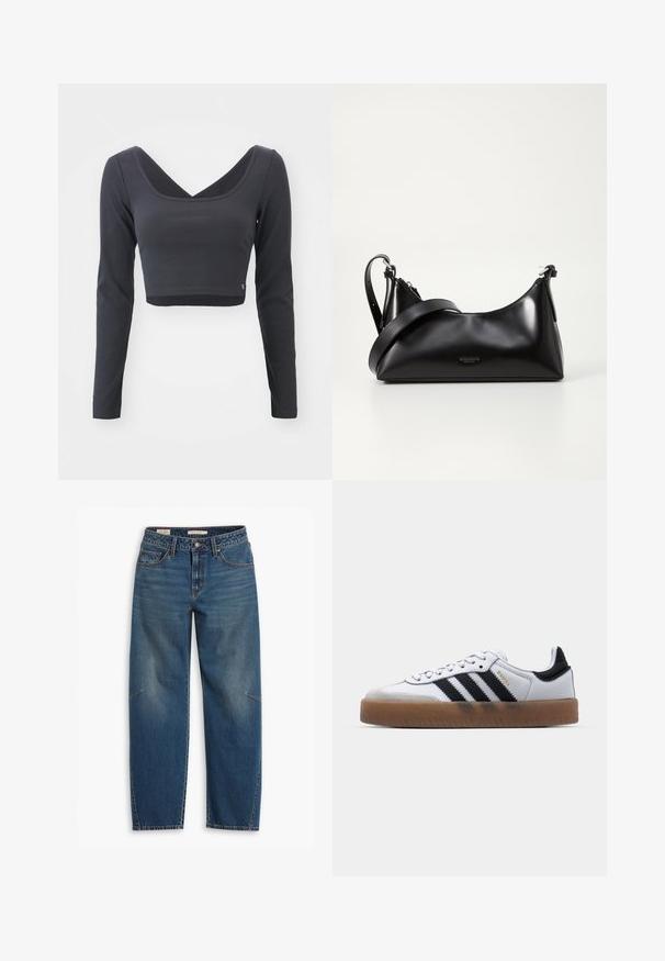 Langærmet, cropped top i mørkegrå ribbet stof. Har en dyb V-halsudskæring og ensfarvet med et lille logo ved sømmen.; Blå denim jeans med en afslappet pasform, der har høj talje, lige ben, synligt syning og en lille detalje på venstre knæ.; Hvide lædersneakers med sorte striber, gummirubber sål, rund tå, snørelukning og blød grå ruskinds tåhætte.; Sort læderhåndtaske med en glat tekstur. Har en justerbar stropp og et enkelt, minimalistisk design med lynlås.