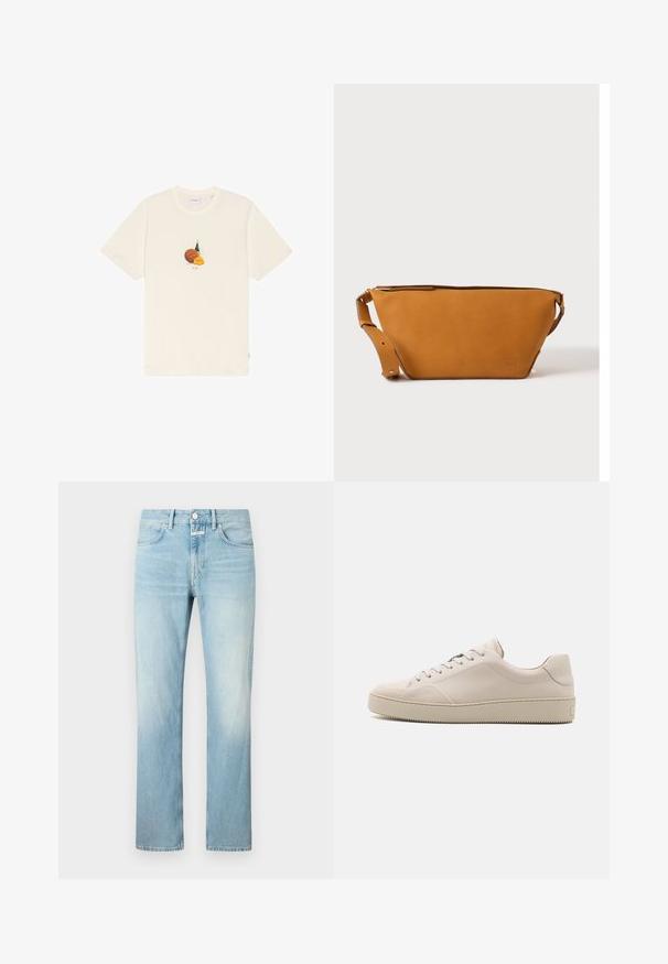 Camiseta color crema con un gráfico centrado de un balón de baloncesto, una botella verde y un pequeño ramo de flores naranjas debajo.; Vaqueros de mezclilla azul claro con un corte recto, que cuentan con un diseño clásico de cinco bolsillos y cierre de botones.; Zapatillas de cuero beige con un acabado suave, punta redondeada, suela plana y un diseño clásico de cordones. Detalles sutiles de costura y suela texturizada.; Bolso bandolera de cuero marrón claro con correa ajustable y cierre de cremallera, mostrado sobre un fondo claro y liso.