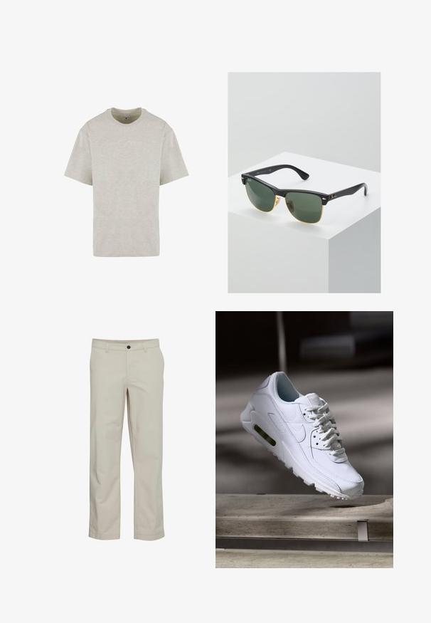 Lys grå kortærmet bomulds t-shirt med rund hals og et subtilt skrifttype-logo på tværs af brystet. Løs pasform uden karakteristiske mønstre.; Beige bomuldsbukser med lige ben, frontlommer og enkelt knaplukning. Glat tekstur og minimale syningsdetaljer.; Hvide lædersneakers med teksturerede overflader, polstret krave og synlig luftpolstring i sålen. Har snørrebånd og et minimalistisk design.; Ray-Ban solbriller med grønne linser, sorte plastikstel og gyldne detaljer ved kanterne. Firkantet form med mat finish.