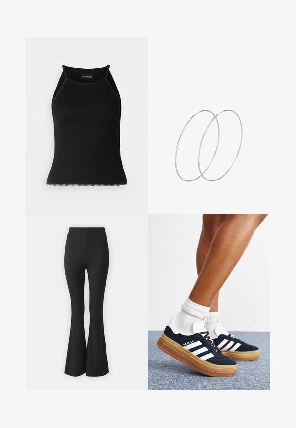 Schwarzes, geripptes Tanktop mit gewellten Spitzenabschluss am Saum. Mit dünnen Trägern und einer figurbetonten Passform. Hergestellt aus dehnbarem Material.; Schwarze ausgestellte Hosen aus elastischem Stoff. Sie haben einen hohen Bund und ein glattes, eng anliegendes Design, das ab dem Knie nach unten ausgestellt ist.; Beine mit weißen Socken und schwarzen Adidas Gazelle Sneakers mit weißen Streifen und dicken braunen Sohlen auf einem grauen Teppichboden.; Silberne Creolen mit minimalistischem Design. Rundform, glatte Oberfläche und dünnes Profil. Leichtgewichtig mit hochglänzender Oberfläche.