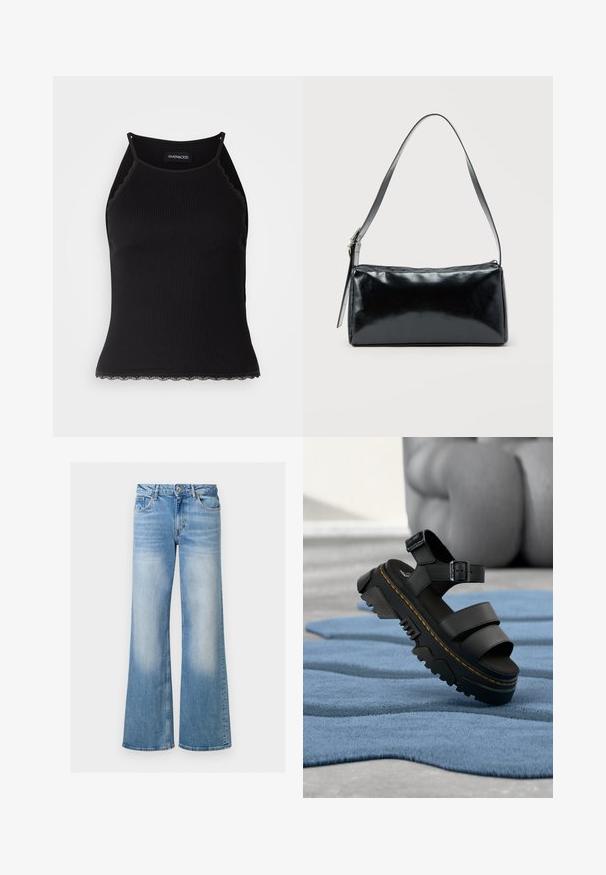 Zwarte geribbelde tanktop met een scallooped kanten rand aan de onderkant. Heeft dunne bandjes en een aansluitend ontwerp. Gemaakt van rekbare stof.; Lichtblauwe denim flared jeans met een vervaagde textuur, hoge taille en vijf-pocketdesign, voorzien van een knoop- en ritssluiting.; Zwarte platformsandaal met dikke zool, verstelbare enkelband en gele stiksels, liggend op blauw gestructureerd textiel.; Zwarte rechthoekige schoudertas met een enkele verstelbare band en een bovenste ritssluiting op een effen achtergrond.