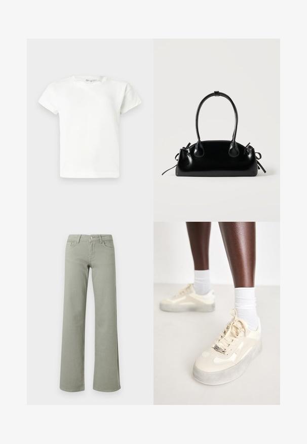 Schlichtes weißes T-Shirt mit kurzen Ärmeln und Rundhalsausschnitt, gerader Saum, präsentiert vor einem hellgrauen Hintergrund.; Hellgrüne High-Waist-Hose mit geradem Bein, Bund mit Knopf, Reißverschluss sowie Vorder- und Gesäßtaschen auf weißem Hintergrund.; Beige Sneakers aus glattem Leder und Wildlederakzenten, graue Gummisohle, strukturierte Muster und ein metallisches Markenlogo an der Seite.; Kleine schwarze glänzende Handtasche mit zwei langen Griffen und seitlichen Kordelzug-Details vor einfachem hellem Hintergrund.