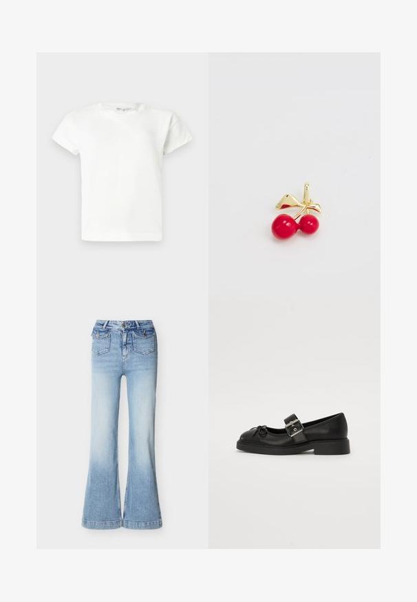Effen witte T-shirt met korte mouwen en ronde hals, met een rechte zoom, getoond op een lichtgrijze achtergrond.; Lichtblauwe high-waisted spijkerbroek met wijde pijpen, twee voorzakken met klep en knoopsluiting, en een knoop- en ritssluiting.; Zwarte leren Mary Jane-schoen met een ronde neus, enkelband en details met zilveren gesp. Heeft een platte, chunkyzool en een strikaccent.; ALDO PLAYFUL - Hanger - red
