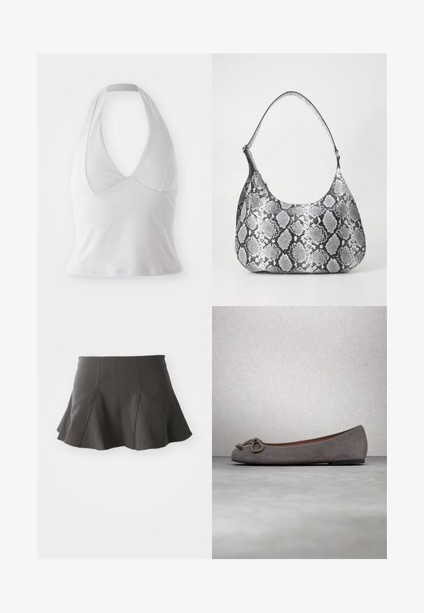 Top halter blanc en tissu lisse, doté d'un décolleté en V profond et d'une coupe ajustée, sans motifs ni accessoires supplémentaires.; Jupe noire évasée avec une taille ajustée, présentant des coutures verticales et une texture lisse. L'ourlet est légèrement incurvé et se situe au-dessus de mi-cuisse.; Ballerines en daim gris avec un bout arrondi, un nœud en corde comme accent et une bordure contrastante subtile le long du bord. Semelle plate et flexible.; Sac à épaule en simili cuir noir et blanc avec imprimé serpent, de forme arrondie, texture lisse et bandoulière incurvée. Présente un accent en matériel argenté.