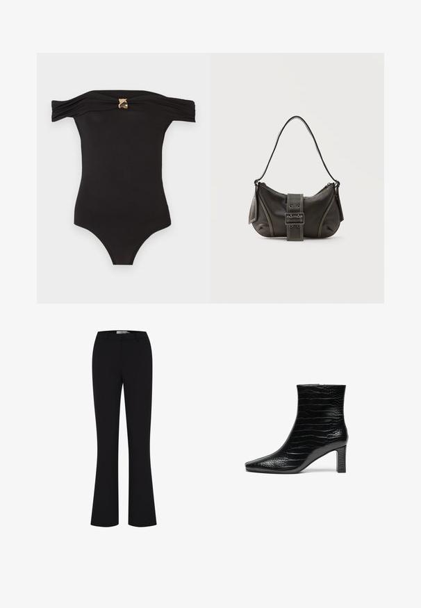 Sorte off-shoulder bodysuit med ruchede ærmer og en gylden dekorativ spænde i midten af halsudskæringen.; Sorte flared bukser lavet af et glat stof, med en tætsiddende talje og et enkelt frontdesign uden lommer.; Sort ankelstøvle med spids tå, glat kroko-struktur på ydersiden og en mellemhøj firkantet hæl. Glat, strømlinet design.; Sort læder skuldertaske med spænde på remmen, afrundede kanter og kontrasterende hvide syninger på en ensfarvet baggrund.