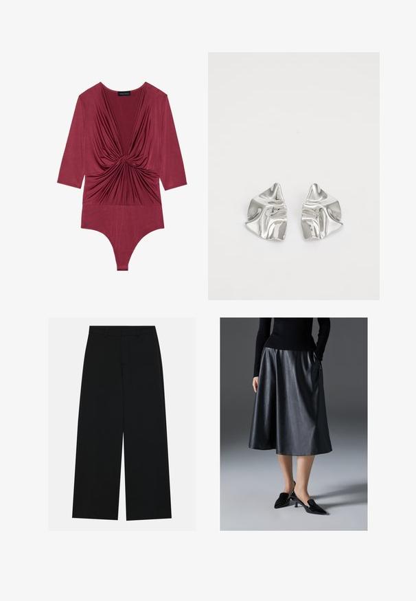 Bordeaux bodysuit met lange mouwen, voorzien van een diepe V-hals en een drappering aan de voorkant, gemaakt van zacht, rekbaar materiaal.; Zwart, wijde broek van een gladde stof. Heeft een plat tailleband met riemlussen en geen zichtbare zakken. Eenvoudig ontwerp.; Zwarte leren midi-jurk met een gladde textuur; heeft een tailleband en zijzakken. Gepaarde met glanzende zwarte hakken.; Zilveren metalen oorbellen met een golvend, sculpturaal ontwerp, voorzien van een gepolijste afwerking en onregelmatige vormen, die een hedendaagse esthetiek benadrukken.