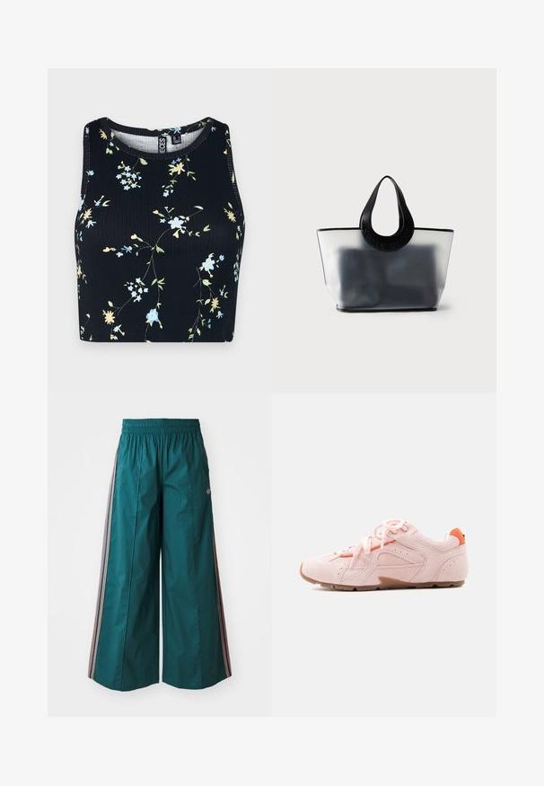 Zwart geribbeld crop top met een bloemenpatroon in blauw en geel, uitgevoerd met een ronde halslijn en een mouwloos ontwerp.; Teal wijde broek met een elastische tailleband, voorzien van gestreepte accenten in roze en wit aan de zijkanten, gemaakt van lichte stof.; Roze suède sneaker met lichtroze veters, bruine zool en oranje hielband, weergegeven op een effen lichtgrijze achtergrond.; Doorzichtige grijze draagtas met zwarte afgeronde handvatten bedrukt met merknaam, met wazige donkere inhoud binnenin.