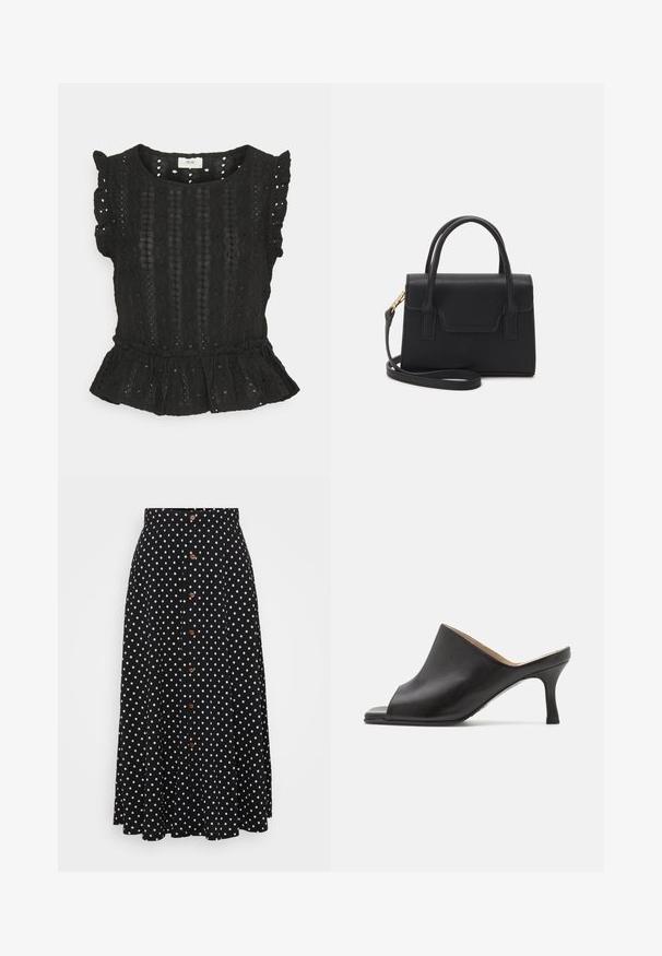 JDY Petite JDYDEMI FRILL - Camiseta estampada - black; Falda negra con lunares, de cintura alta, cierre frontal con botones, hasta la rodilla, hecha de un tejido con una textura suave y un drapeado sutil.; Selected ASHLEY - Mules de tacón - black; Bolso estructurado negro de cuero con un asa superior, correa de hombro desmontable y un detalle de tapa en la parte frontal. Acentos en dorado.