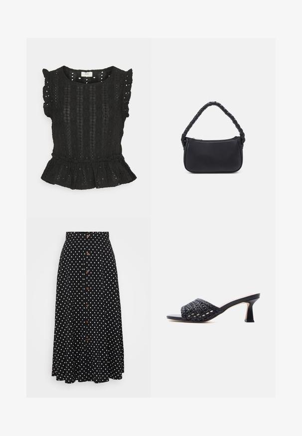 JDY Petite JDYDEMI FRILL - Camiseta estampada - black; Falda negra con lunares, de cintura alta, cierre frontal con botones, hasta la rodilla, hecha de un tejido con una textura suave y un drapeado sutil.; Mule negro de punta abierta con parte superior de cuero trenzado y tacón delgado de altura media sobre un fondo claro y liso.; Bolso negro de forma redondeada, hecho de material liso. Presenta un asa trenzada y un cierre de cremallera para un almacenamiento seguro.