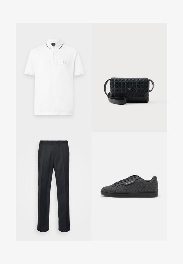 Hvid polo t-shirt lavet af bomuld, med en tre-knaps placket, korte ærmer og et sort broderet logo på venstre bryst.; Sorte bukser med en afslappet pasform, der har en elastisk talje, lige ben og en blød, glat stoftekstur.; Sorte sneakers med en tekstureret stofoverdel med et subtilt MK-mønster, sorte læderdetaljer og en sort gummisål.; Sort tekstureret crossbodytaske med klaplukning og et lille metallogo foran, vist mod en ensfarvet baggrund.