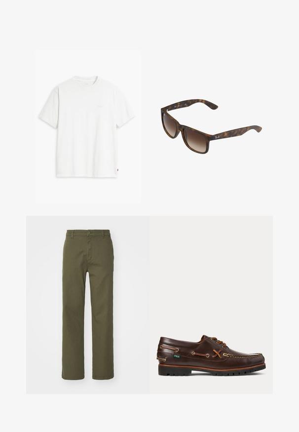 T-shirt en coton blanc à manches courtes, col rond, avec un logo "Levi's" discret imprimé en couleur claire sur le devant.; Pantalon vert olive avec une coupe droite, fermeture à bouton et à zip, et poches latérales. Le tissu semble lisse avec une légère texture.; Chaussure bateau en cuir marron foncé avec des détails de lacets, bout mocassin cousu, semelle en caoutchouc noire, et petite étiquette verte de la marque Polo sur le côté.; Lunettes de soleil en écaille de tortue avec des verres dégradés bruns, de forme rectangulaire, avec des montures épaisses et un accent de logo en argent sur le côté.