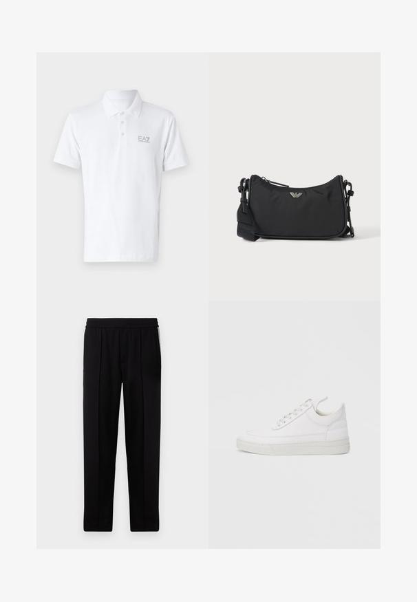 Witte polo shirt van katoen. Kenmerkt zich door een klassieke kraag, een drie knoopsluiting en een lichtgrijze EA7-logo op de borst. Korte mouwen.; Zwarte op maat gemaakte broek met een gladde textuur, een elastische tailleband en twee zijzakken. Kenmerkt zich door een slank, recht model.; Witte leren sneaker met een afgeronde neus, platte zool en veters aan de voorkant. Voorzien van stikseldetails en een gevoerde kraag voor comfort.; Zwarte rechthoekige crossbodytas met zilveren merklogo-embleem en verstelbare band op een lichte achtergrond.