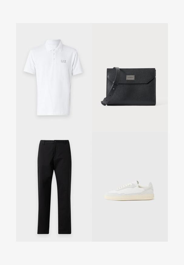 Camisa polo blanca de algodón. Presenta un cuello clásico, una tapeta con tres botones y el logo EA7 en gris claro en el pecho. Mangas cortas.; Pantalones rectos negros con cierre de botón y cremallera, pasadores para cinturón y bolsillos delanteros, exhibidos sobre un fondo blanco.; Zapatilla blanca con parte superior texturizada de ante y cuero. Presenta una puntera redondeada, cierre con cordones y suela de goma beige contrastante.; Bolso bandolera de cuero negro texturizado con correa ajustable y placa metálica con logo en el frente, cierre de solapa rectangular estilo sobre.