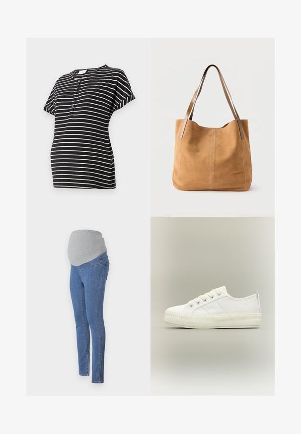 T-shirt de maternité à rayures noir et crème avec des manches courtes, un col rond et des détails de boutons à l'avant. Tissu doux et extensible.; Jeans de maternité avec un design ajusté, en denim bleu et une ceinture en jersey gris doux pour plus de confort. Dotés de poches arrière et d'une coupe slim.; Baskets basses blanches avec semelle épaisse côtelée, lacets à l'avant et languette à l'arrière sur fond neutre.; Sac fourre-tout en daim beige avec de longues anses en cuir marron clair, texture douce et couture simple sur un fond blanc uni.