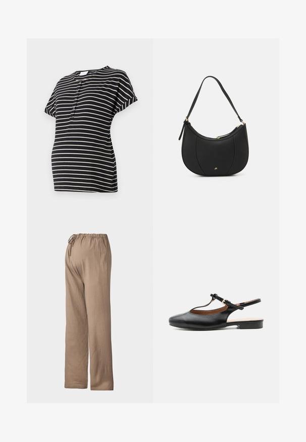T-shirt de maternité à rayures noir et crème avec des manches courtes, un col rond et des détails de boutons à l'avant. Tissu doux et extensible.; Pantalons de couleur brun clair, à coupe ample avec une taille élastique et un lien réglable, fabriqués en tissu doux, affichant un design à jambes droites.; Chaussure plate slingback en cuir noir avec bride en T et boucle dorée sur fond neutre.; Sac à main en cuir noir avec une forme courbée, surface texturée, coutures avant et un logo doré. Il est doté d'une seule sangle ajustable.