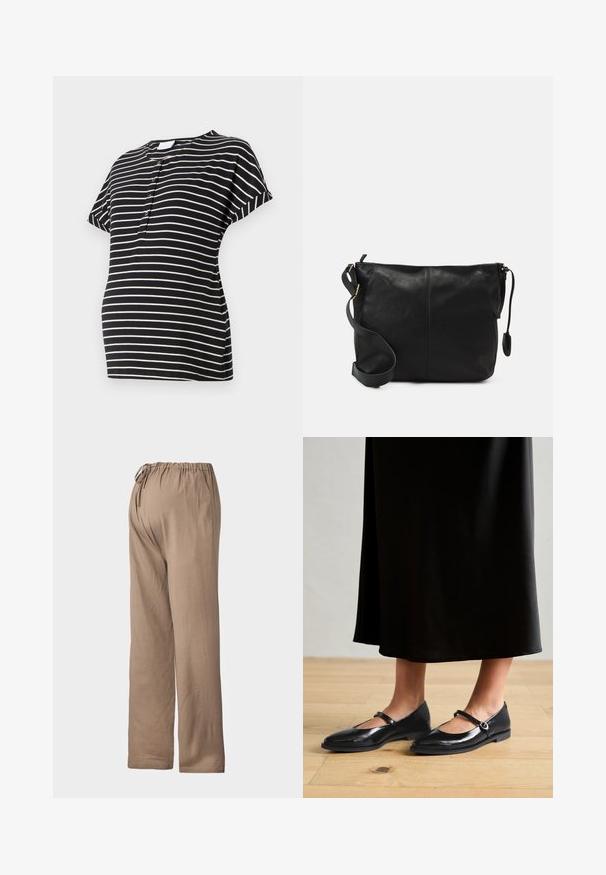 Camiseta de maternidad a rayas negras y crema con mangas cortas, escote redondo y detalles de botones en la parte delantera. Tejido suave y elástico.; Pantalones sueltos color marrón claro con cintura elástica y cordón ajustable, hechos de un tejido suave, con un diseño de pierna recta.; Bailarinas de charol negro con tira de Mary Jane, punta afilada y un brillo sutil, combinadas con una falda negra fluida sobre un suelo de madera.; Bolso cruzado de cuero negro con forma plana, acentos de hardware dorado y correa ajustable. Textura suave con detalles de costura mínimos.
