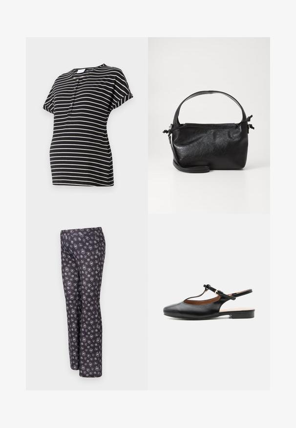 T-shirt de maternité à rayures noir et crème avec des manches courtes, un col rond et des détails de boutons à l'avant. Tissu doux et extensible.; Pantalons noirs avec un motif floral comportant de petites fleurs blanches et violettes. Fabriqués en tissu texturé, conçus avec une coupe droite.; Chaussure plate slingback en cuir noir avec bride en T et boucle dorée sur fond neutre.; Sac à main en cuir noir au design structuré, avec une poignée arrondie et une bandoulière amovible. Présente une texture lisse et un éclat subtil.