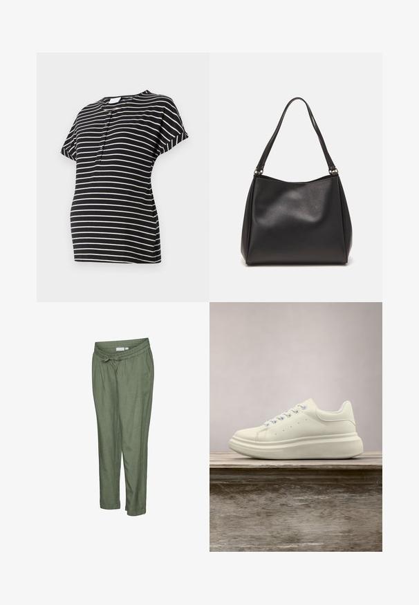 T-shirt de maternité à rayures noir et crème avec des manches courtes, un col rond et des détails de boutons à l'avant. Tissu doux et extensible.; Pantalon léger de couleur vert olive avec une coupe décontractée. Caractérisé par une taille élastique avec cordon de serrage, des ourlets retroussés et des poches latérales.; Baskets en cuir blanc avec un bout rond, une texture lisse et des lacets contrastants. Dotées de trous de ventilation et d'une semelle en caoutchouc épaisse pour le confort.; Sac à main en cuir synthétique noir avec une texture douce, forme hobo et doubles poignées; présente une finition brillante et un design minimaliste.
