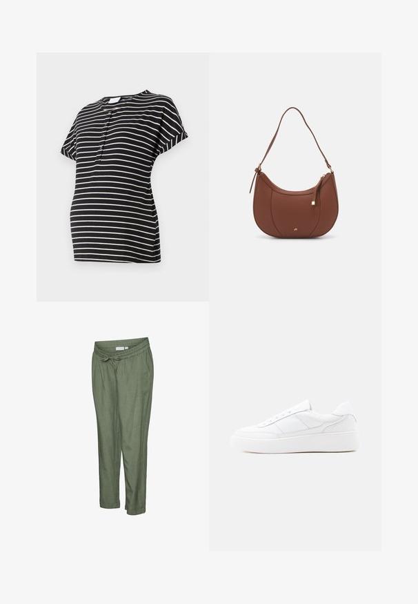 T-shirt de maternité à rayures noir et crème avec des manches courtes, un col rond et des détails de boutons à l'avant. Tissu doux et extensible.; Pantalon léger de couleur vert olive avec une coupe décontractée. Caractérisé par une taille élastique avec cordon de serrage, des ourlets retroussés et des poches latérales.; Baskets basses blanches avec semelle épaisse, design à lacets et détails de couture subtils sur un fond clair uni.; Sac à épaule en faux cuir brun, de forme arrondie, avec des coutures minimales et un accent en matériel doré. Il possède une fermeture zippée sur le dessus et une sangle réglable.