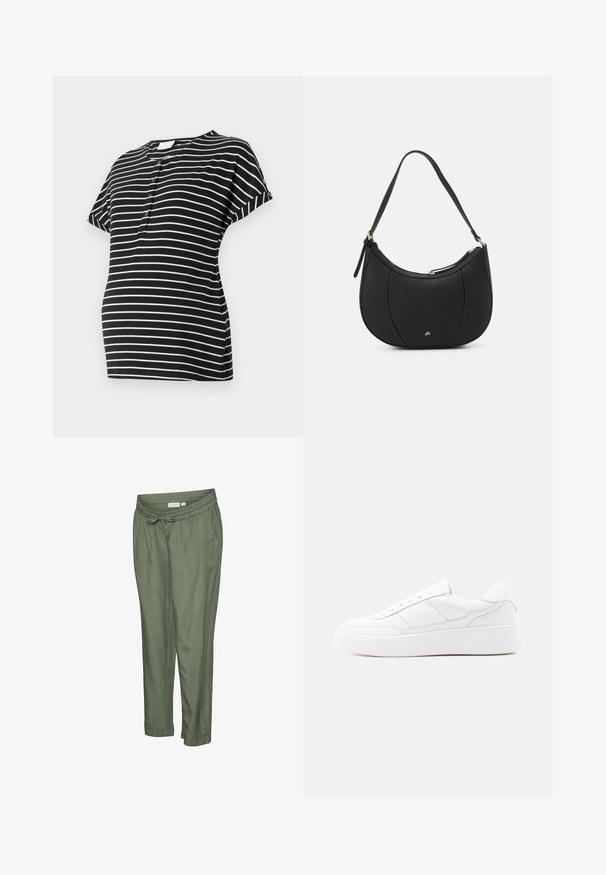 T-shirt de maternité à rayures noir et crème avec des manches courtes, un col rond et des détails de boutons à l'avant. Tissu doux et extensible.; Pantalon léger de couleur vert olive avec une coupe décontractée. Caractérisé par une taille élastique avec cordon de serrage, des ourlets retroussés et des poches latérales.; Baskets basses blanches avec semelle épaisse, design à lacets et détails de couture subtils sur un fond clair uni.; Sac à main en cuir noir avec une forme courbée, surface texturée, coutures avant et un logo doré. Il est doté d'une seule sangle ajustable.