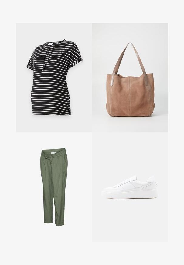 T-shirt de maternité à rayures noir et crème avec des manches courtes, un col rond et des détails de boutons à l'avant. Tissu doux et extensible.; Pantalon léger de couleur vert olive avec une coupe décontractée. Caractérisé par une taille élastique avec cordon de serrage, des ourlets retroussés et des poches latérales.; Baskets basses blanches avec semelle épaisse, design à lacets et détails de couture subtils sur un fond clair uni.; Anna Field by Zalando LEATHER - Cabas - taupe