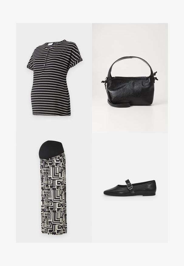 T-shirt de maternité à rayures noir et crème avec des manches courtes, un col rond et des détails de boutons à l'avant. Tissu doux et extensible.; Jupe maxi de maternité en noir et blanc avec des motifs géométriques, dotée d'une taille élastique pour le confort et l'élasticité.; Chaussure plate en cuir noir avec un bout arrondi, une seule sangle réglable à boucle et une texture lisse et brillante. Design minimaliste avec un petit talon.; Sac à main en cuir noir au design structuré, avec une poignée arrondie et une bandoulière amovible. Présente une texture lisse et un éclat subtil.