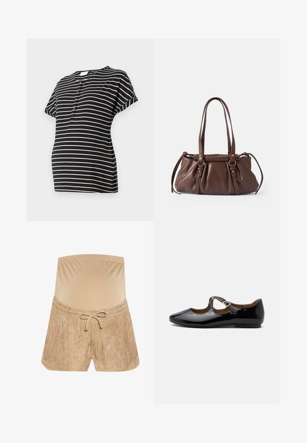 T-shirt de maternité à rayures noir et crème avec des manches courtes, un col rond et des détails de boutons à l'avant. Tissu doux et extensible.; Shorts beiges avec une taille élastique, un cordon de serrage et un tissu texturé affichant un motif à rayures verticales.; Chaussure plate Mary Jane en cuir verni noir avec deux découpes et une bride à boucle dorée sur fond blanc.; Sac à main en cuir brun avec deux longues poignées, design froncé, accents en métal doré et finition texturée.